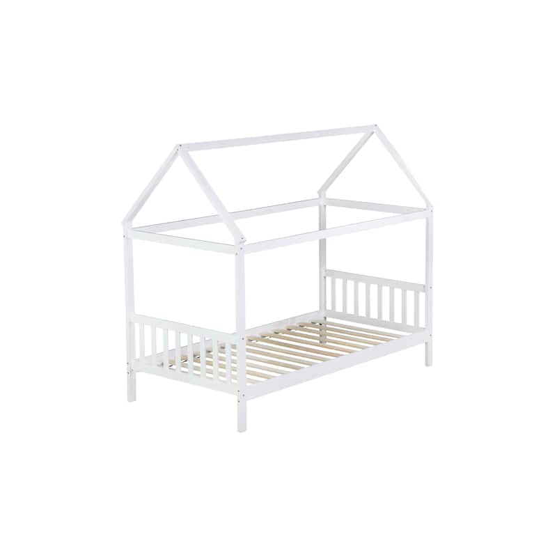 Twin House Bed with Headboard and Footboard, Twin Rubber Wood Bed with House Frame