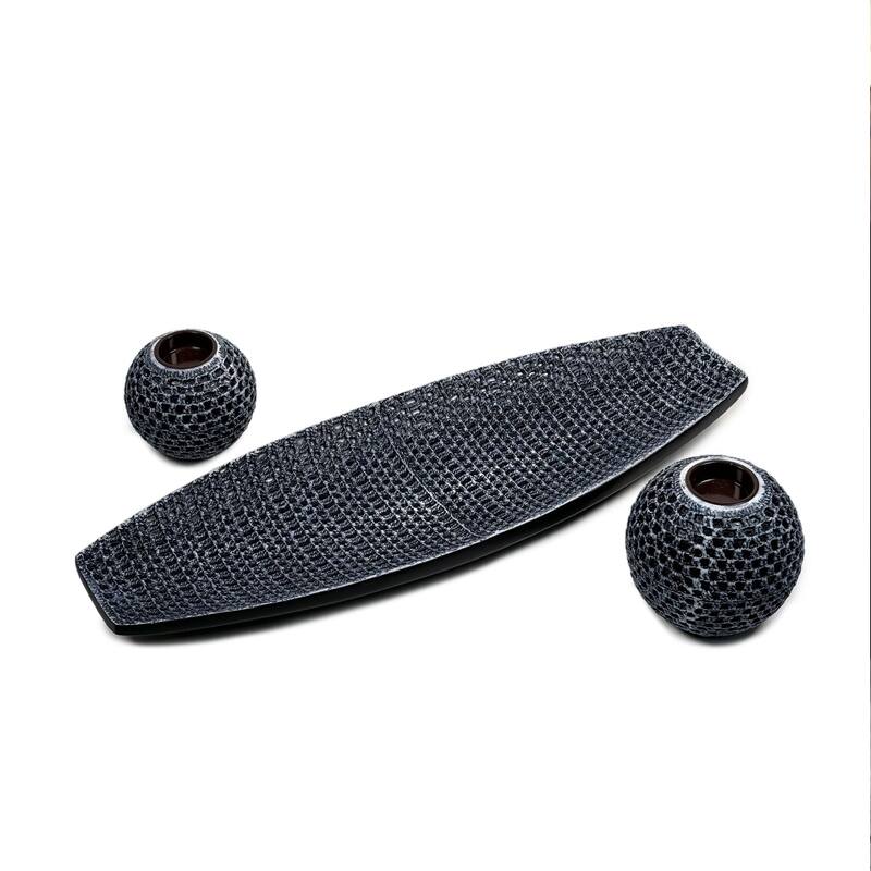 Black Woven Polyresin Candle Holders Set of Three with Tray Aria