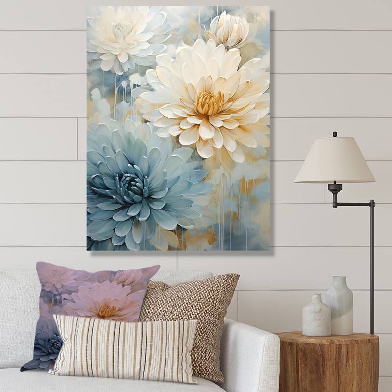 Designart "Blooming Mums Painting In Beige And Blue II" Mums Wall Art