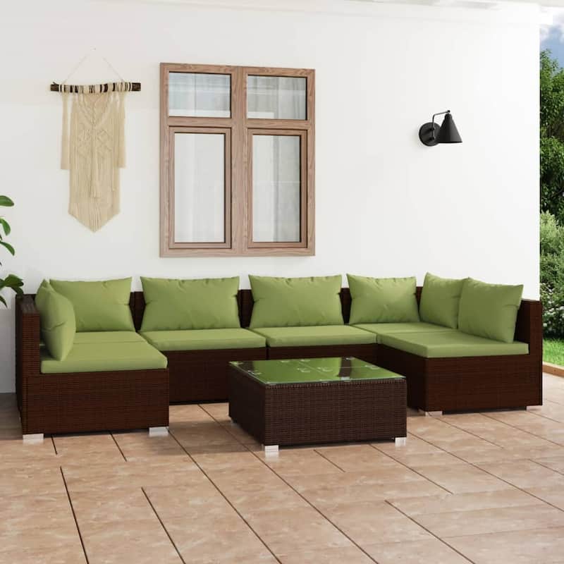 vidaXL 7 Piece Patio Lounge Set with Cushions Poly Rattan Brown - 27.6" x 27.6" x 24" - 27.6" x 27.6" x 24"