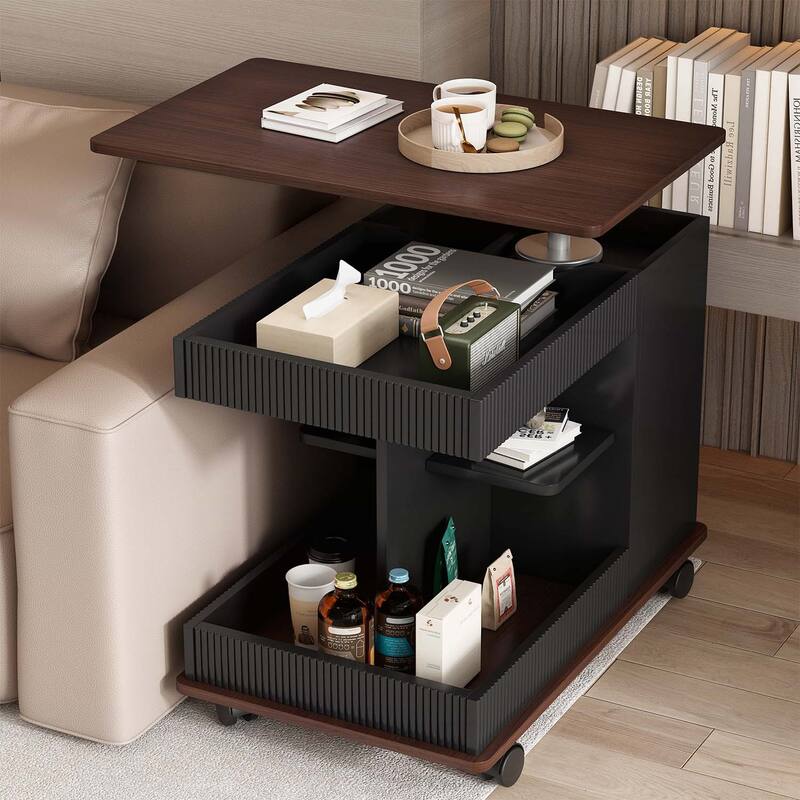 Modern Multifunctional Sofa Side Table with Lift-Top,360° Rotating Top and Storage Space for Living Room