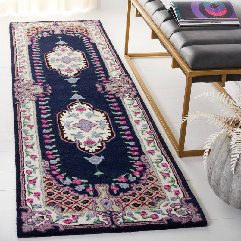 SAFAVIEH Handmade Bellagio Tatevik Oriental Medallion Wool Rug - 2'3" x 8' Runner - Navy/Ivory