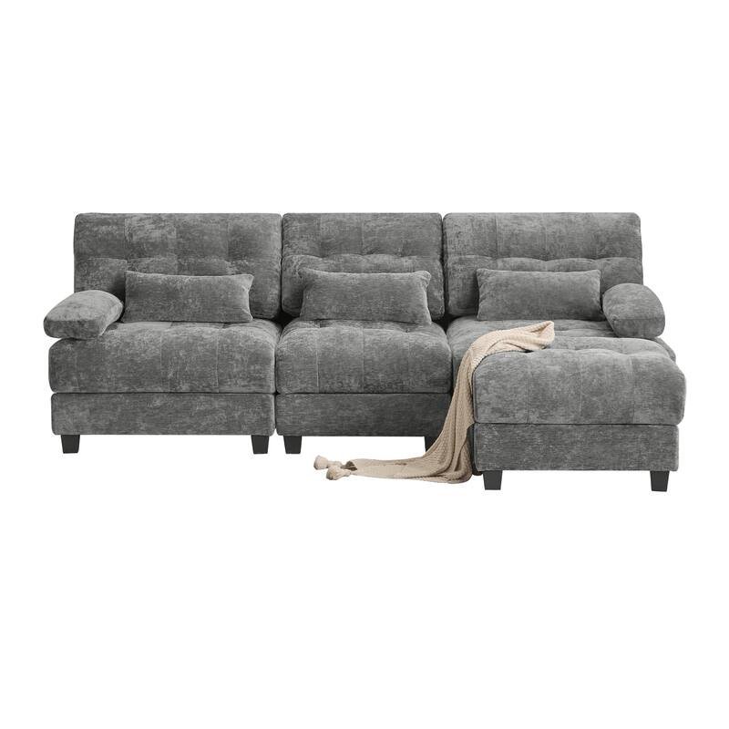 GDFStudio - 4-Piece Adjustable Backrest 93" Chenille Sofa with Ottoman and 3 Throw Pillows