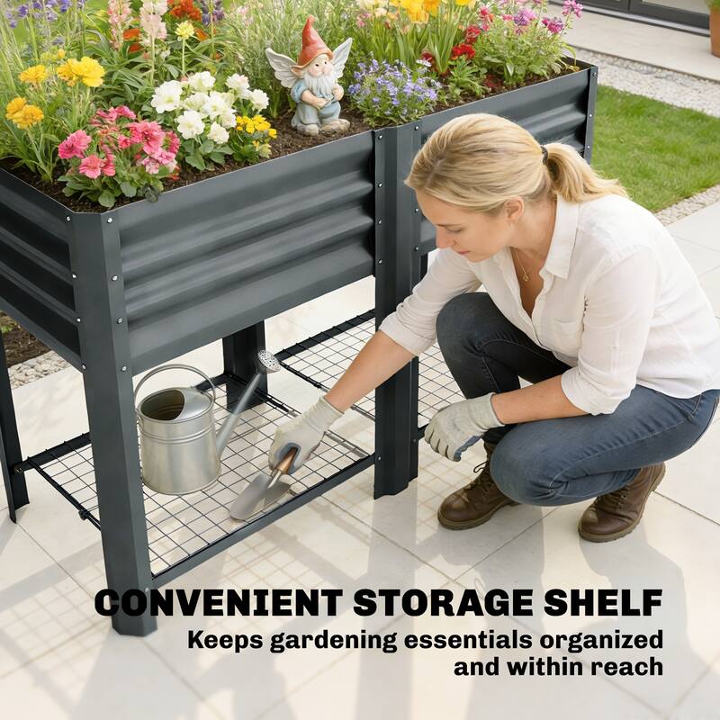 Outsunny Galvanized Steel Raised Garden Bed with Storage Shelf and Bed Liner, Elevated Planter Box with Legs