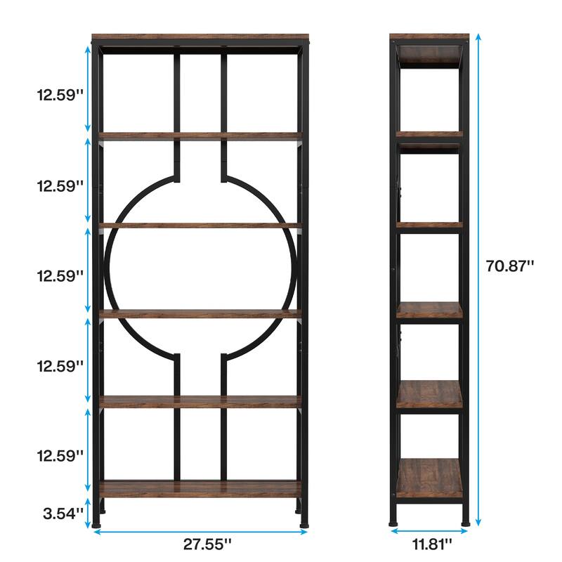70.9"H x 27.6"W Industrial Geometric Bookcase, 6-Tier Tall Bookshelf, Wood Display Shelf Storage Shelves