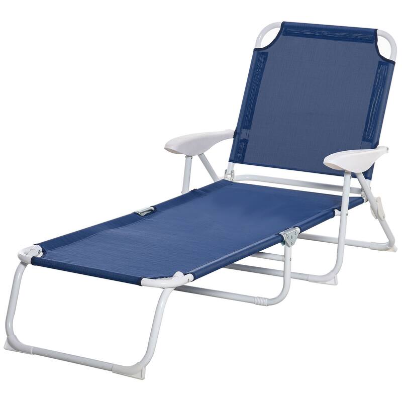 Outdoor Folding Chaise Lounge with 4-Position Reclining Back, Armrests, Metal Frame & Mesh Fabric - Blue