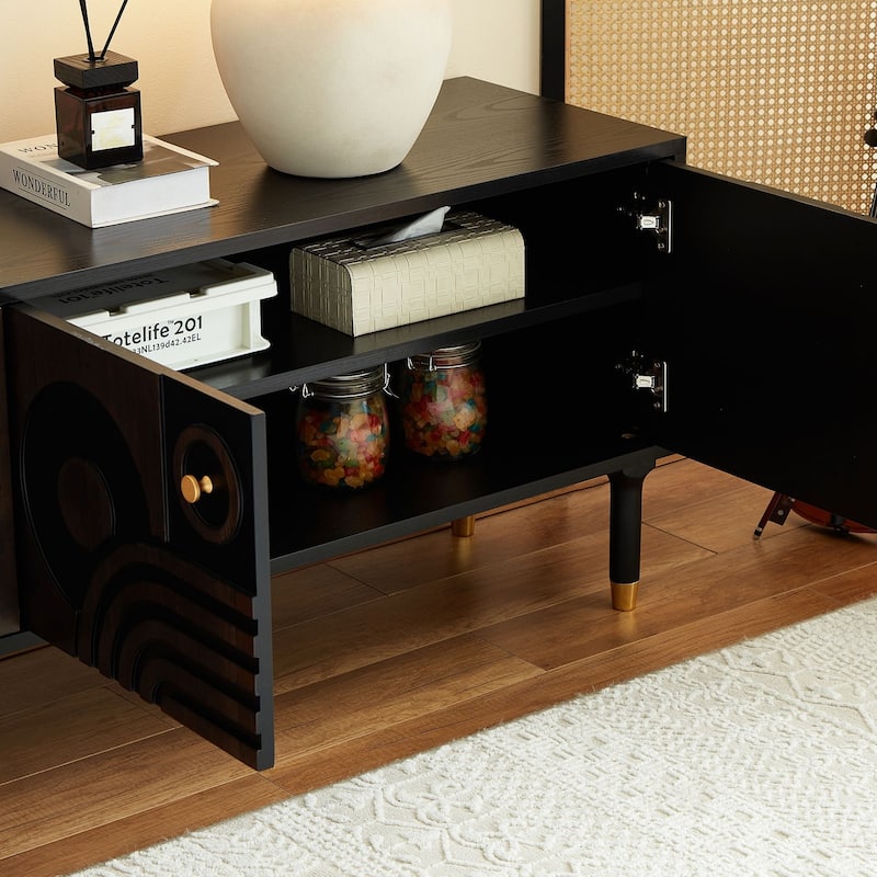 Mid-Century Modern TV Cabinet Black Entertainment Center with 4 Storage Cabinets for 55+" TVs, Minimalist Design for Living Room