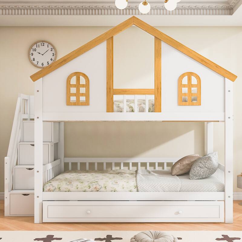Roomfitters Twin Over Twin/Full Over Full House Bunk Bed with Trundle, Storage Staircase and Roof, White and Natural