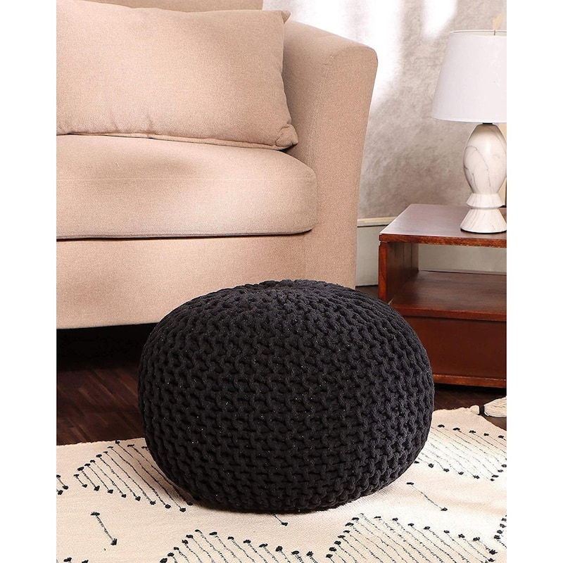 Hand Knitted Pouf Cotton Braided Cord Cable Ottoman - Foot Stool - Accent Seat Furniture Bean Bag - Living Room Kids - 18x18x14 - Black