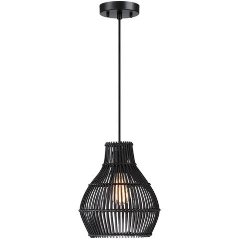 True Fine Black Eclectic Natural Rattan and Bamboo Island Mini Pendant Light - 9.5 in. W - 9.5 in. W