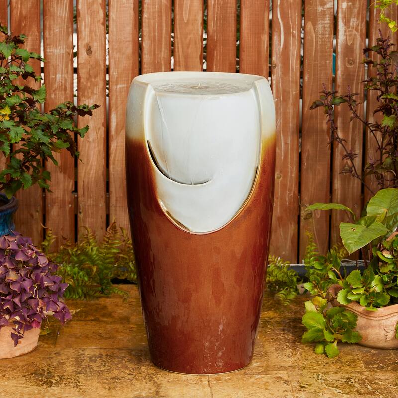 Glitzhome Oversized LED Lighted Ceramic Pot Floor Fountains for Outdoor Garden