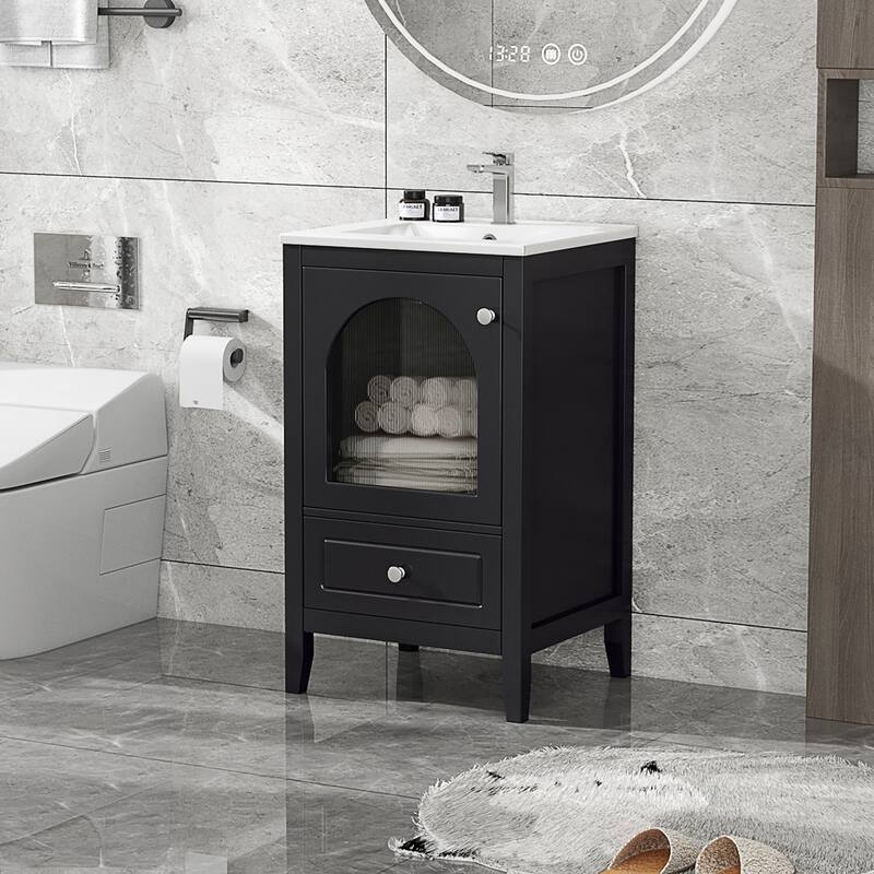 20 inch MDF Bathroom Vanity with Sink, Bathroom Cabinet with Soft Closing Glass Door - Black