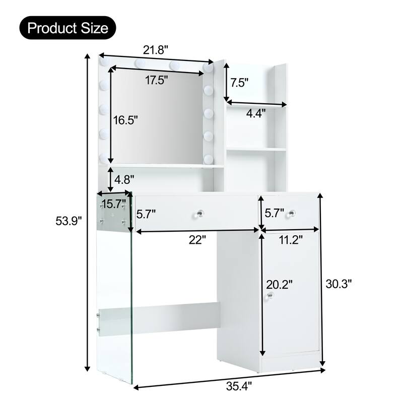 Vanity Desk with Mirror & Lights, Glass Top Dressing Table, Makeup Table with Charging Station, 2 Drawers & Cabinet