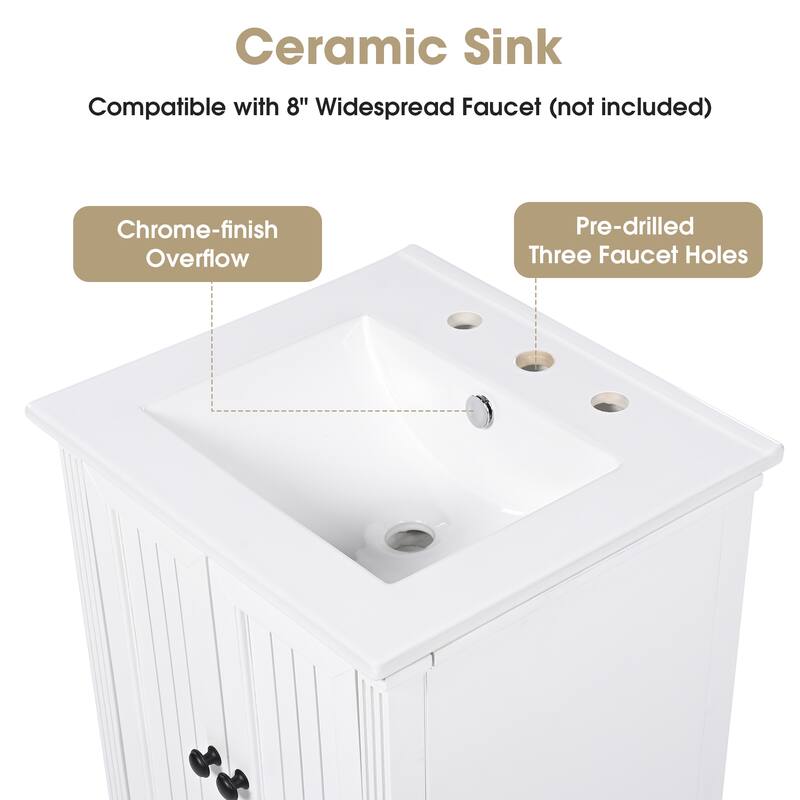 2 Doors Storage Cabinet for Bathroom, Vanity with Drawer, Magnetic Door Stopper, Semilune Ceramic Sink and Adiustable Foot Pads
