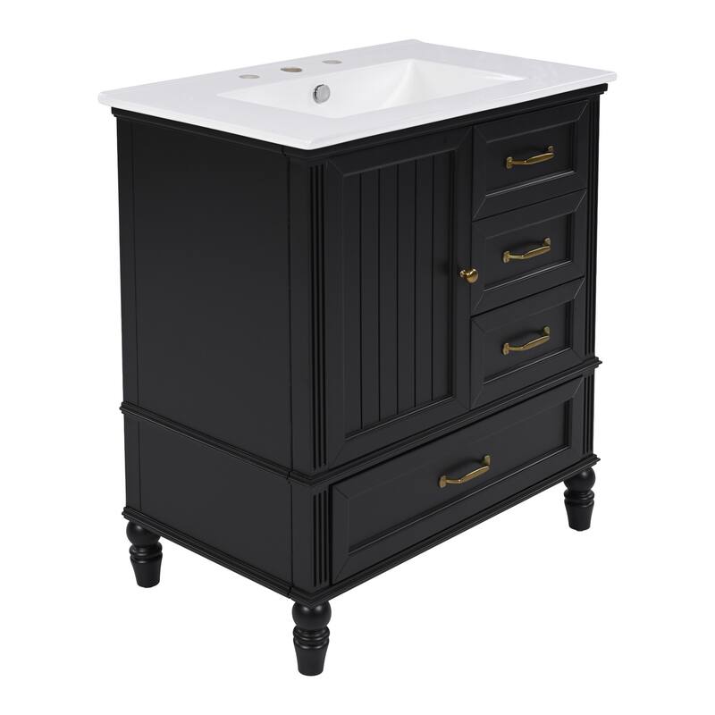 30" Bathroom Vanity wCeramic Sink, Cushioning Door & Drawers, Solid Wood Legs & MDF Board, Adiustable Foot Pads Bathroom Cabinet