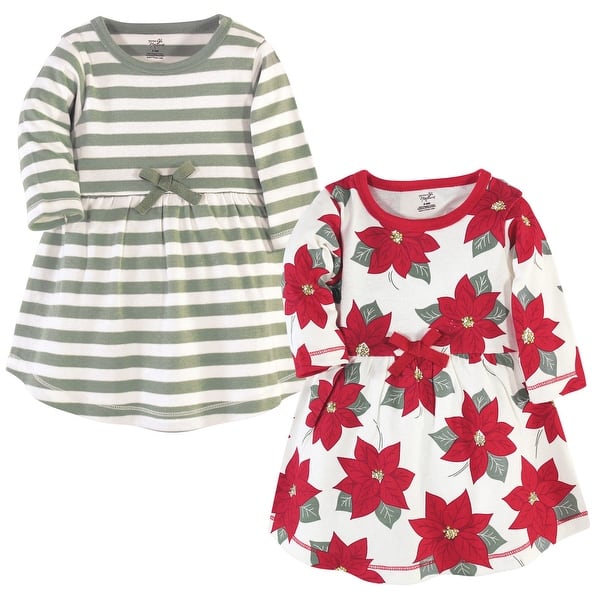 slide 2 of 2, Touched by Nature Baby and Toddler Girl Organic Cotton Long-Sleeve Dresses 2pk, Poinsettia 2T - Baby Toddler Poinsettia Long Sleeve