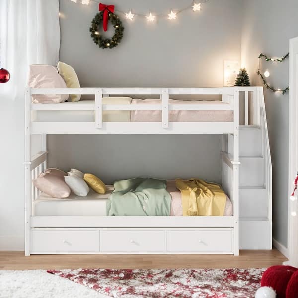 slide 2 of 11, Simple Full Over Full Bunk Bed With Drawer,Storage and Guard Rail White