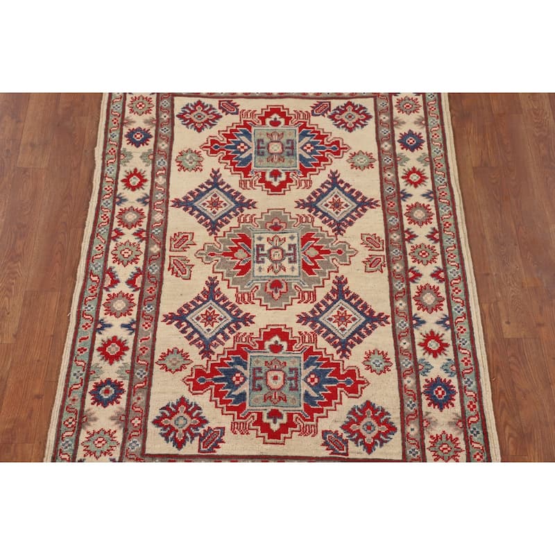 Geometric Kazak Oriental Accent Rug Handmade Beige Wool Carpet - 3'3" x 5'0"