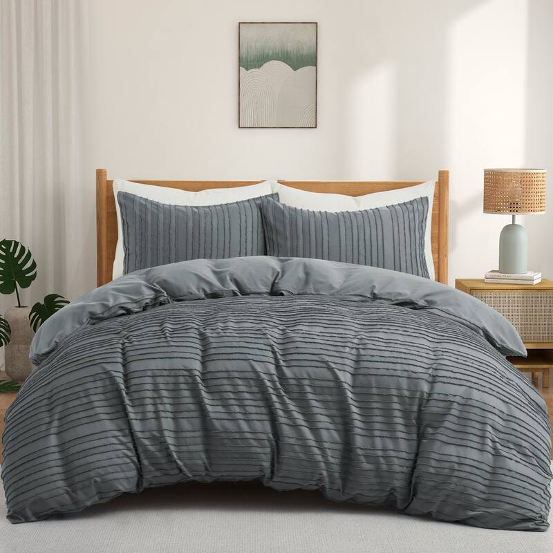 Tufted Clipped Jacquard Geometric Oversized Duvet Cover & Pillowcase Set - Stripe/Dark Gray - Queen