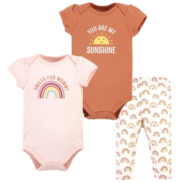 slide 1 of 1, Hudson Baby Infant Girl Cotton Bodysuit and Pant Set, Sunshine Rainbows Short-Sleeve 0-3 Months - Sunshine Rainbows Short-Sleeve
