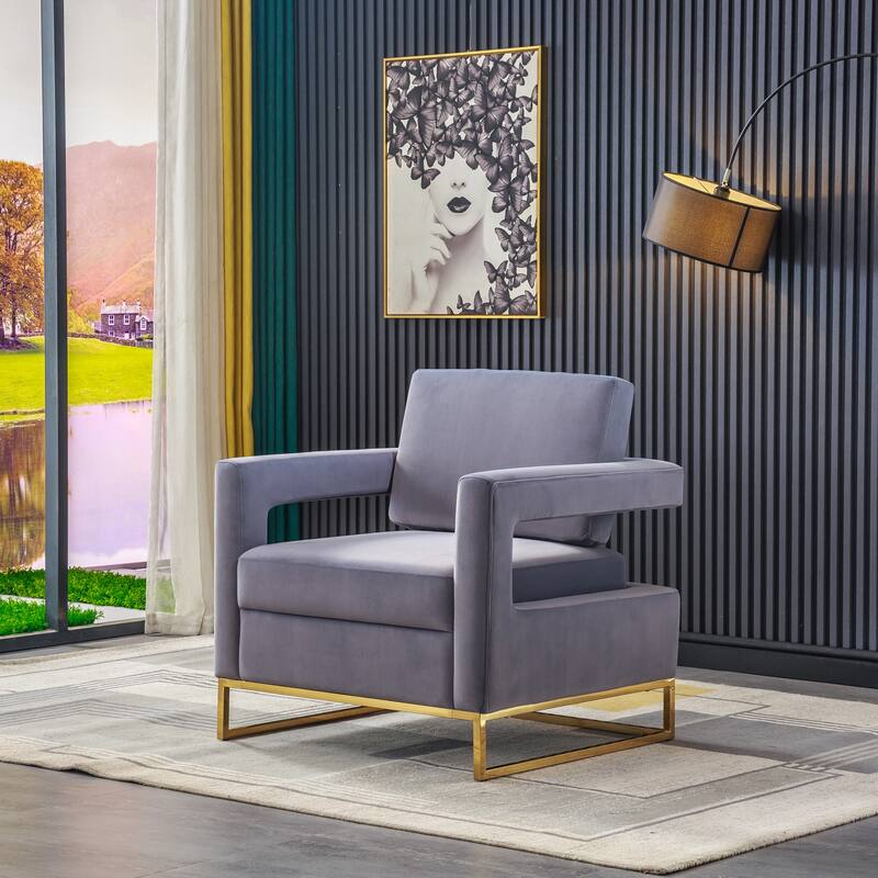 Grey 31.9" Velvet Arm Chair with Stainless Steel Base - Grey