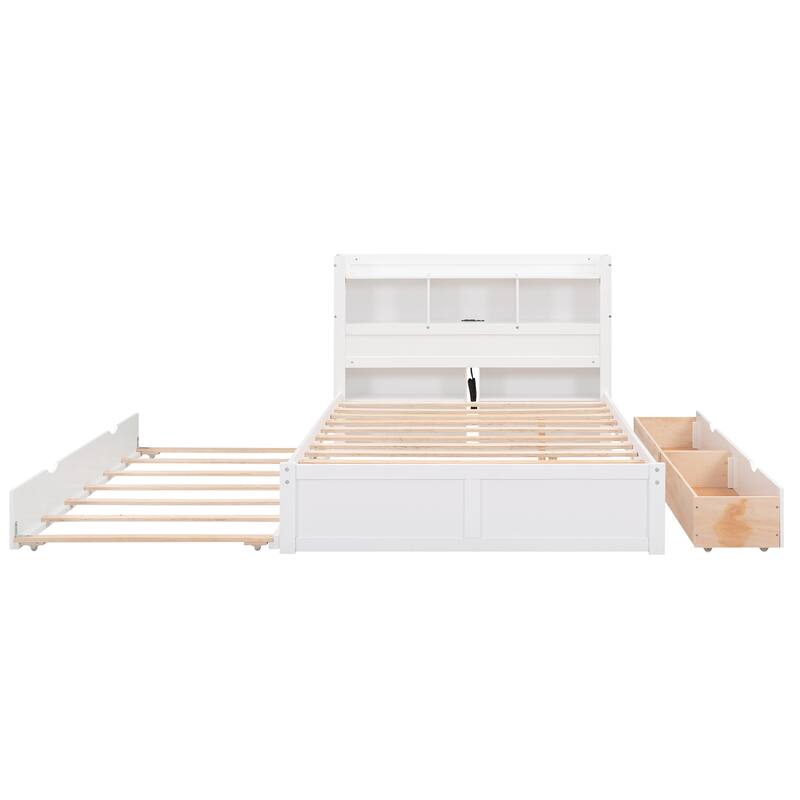 Full Size Storage Platform Bed with Pull Out Shelves, Twin Trundle, and 2 Drawers in White