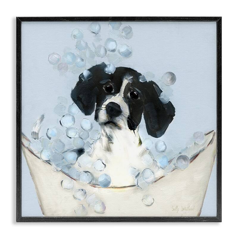 Stupell Black & White Puppy in Tub Framed Giclee Art Design By Sally Swatland - 17 x 17 - Black