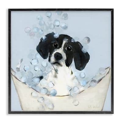 Stupell Black & White Puppy in Tub Framed Giclee Art Design By Sally Swatland