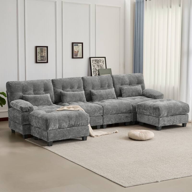 119" Chenille Sectional Sofa with 2 Ottomans and 4 Pillows, Adjustable Backrests - Grey