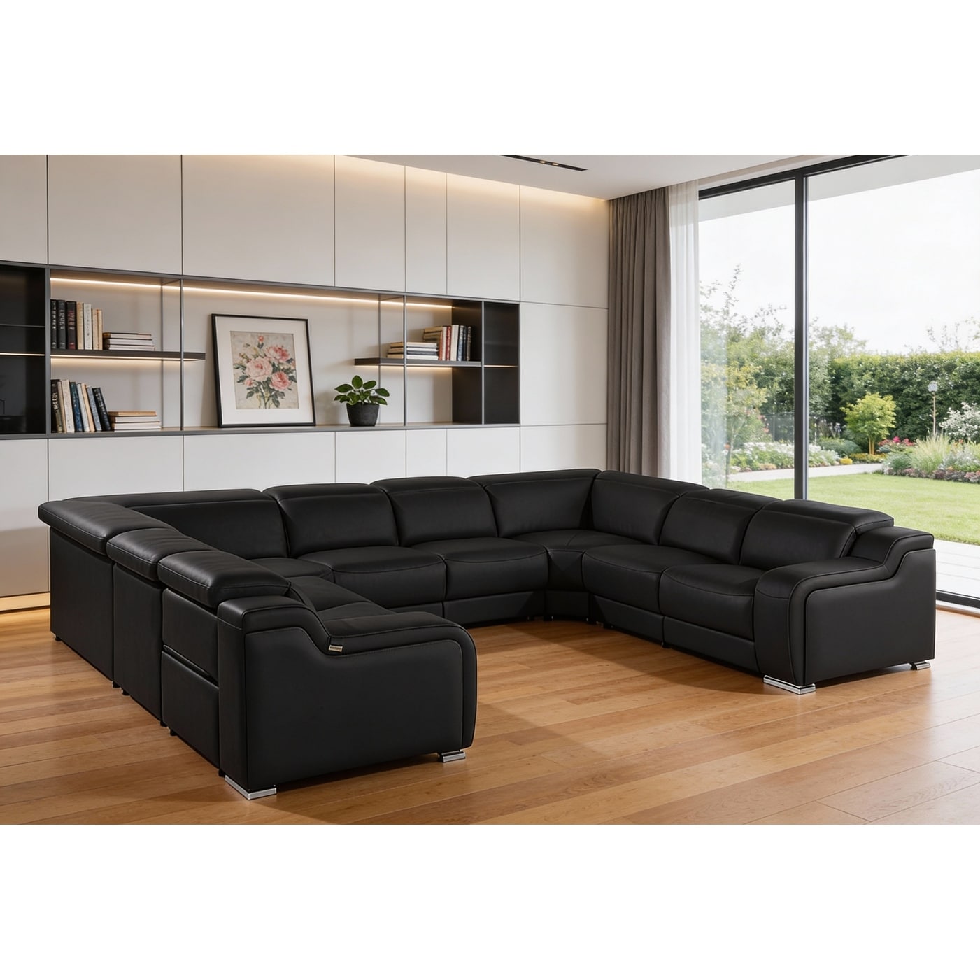 HomeRoots Black Italian Leather Power Reclining U Shaped Eight Piece Corner Sectional With Console