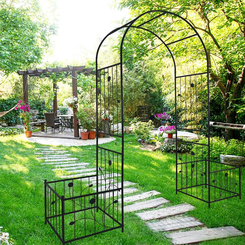 Black Garden Arch With Two Plant Stands