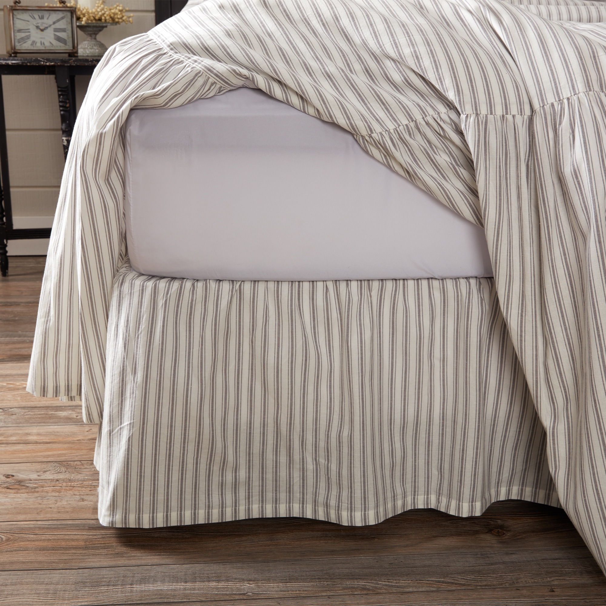 Timeless Ticking Gray Ruffled King Bed Skirt