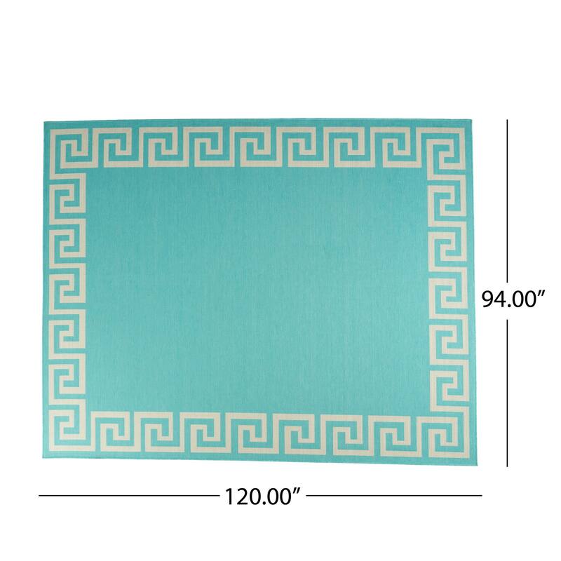 Turquoise Outdoor Area Rug with Greek Key Border, Durable Polypropylene, Ideal for Outdoor Spaces - 9'3" x 12'3"