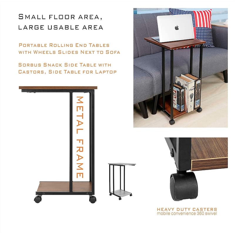 JJS Side End C Table for Sofa, Living Room Couch Table Snack Table That Slide Under for Small Spaces
