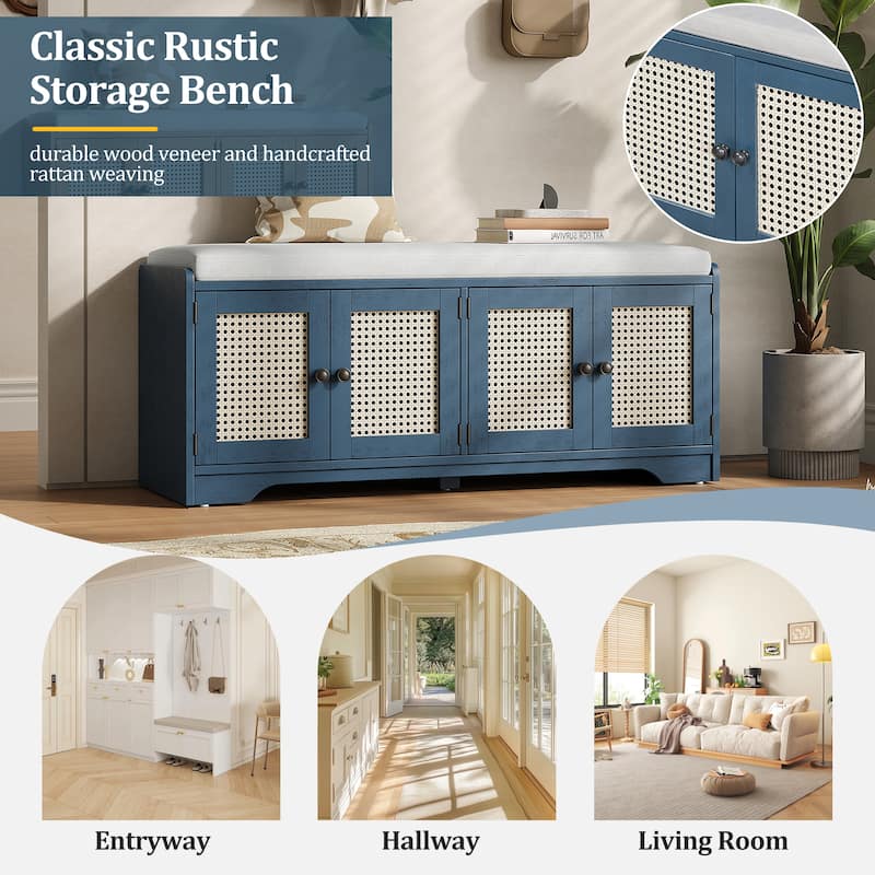 Rustic Storage Bench with Removable Cushion and Woven Rattan Doors