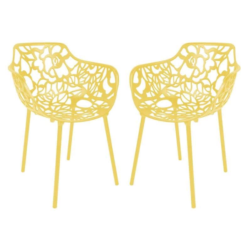 Devon Modern Floral Cutout Dining Chair with Integrated Armrest Stackable Aluminum Frame UV-Resistant Patio Chair Set of 2 - Yellow