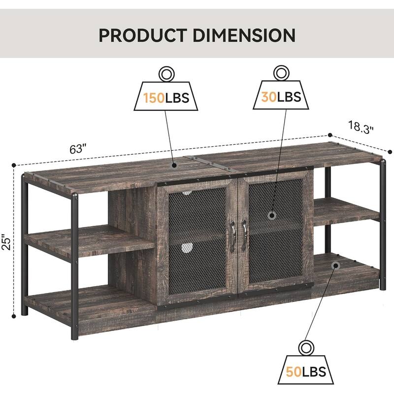 Entertainment Center TV Media Console Cabinet with Mesh Door - 18.3"D x 63"W x 25"H