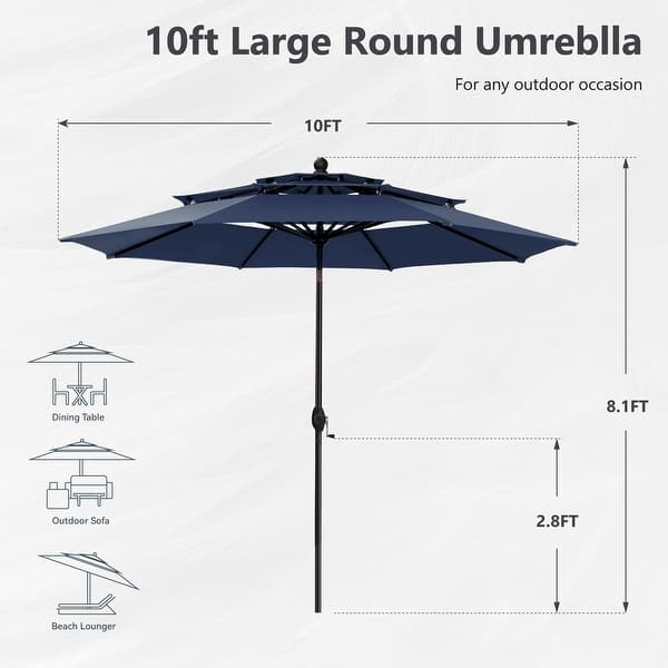 dimension image slide 1 of 3, MAISON ARTS 10ft 3 Tiers Patio Outdoor Umbrella Matched with most Patio Table with Ventilation Auto-tilt and Crank Lift