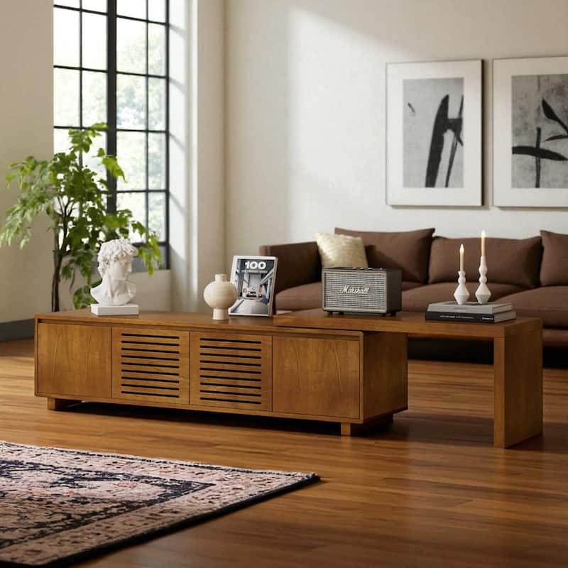 63" Mid-Century Modern Extendable TV Stand for 75 Inch TV, Wood Media Console with Storage & Adjustable Panel