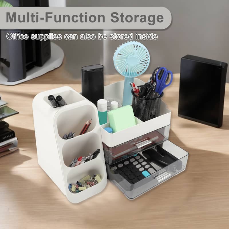 Makeup Organizer Three-Layer Cosmetic Storage w/ Drawer for Vanity Holder White - 13.46"x6.89"x9.84"