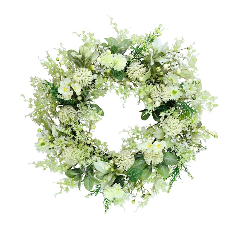 Echinops and Daisy Artificial Spring Floral Wreath - 26" - Green and White