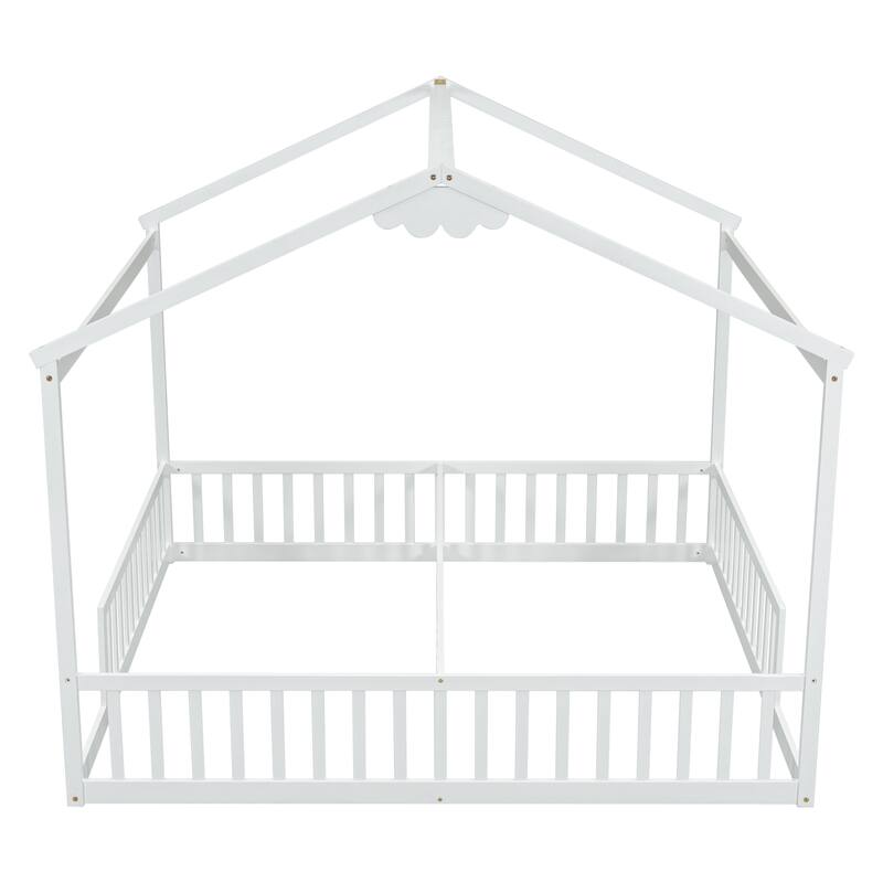 Double Twin House-Style Floor Bed with Fence, Guardrails, without door