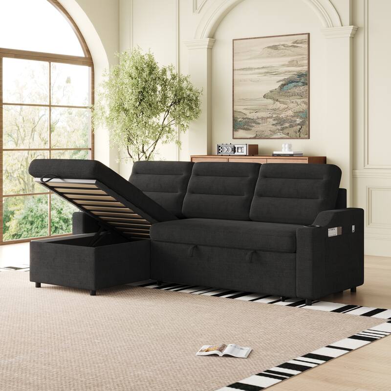 83.5" Convertible Sleeper Sofa - Polyester Sectional Sofa Bed with Pullout Bed and Cup Holder