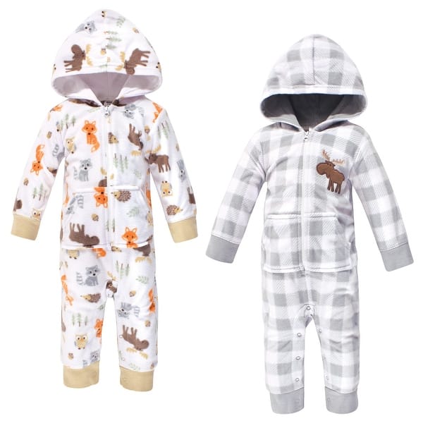 slide 1 of 1, Hudson Baby Infant Boy Fleece Jumpsuits, Coveralls, and Playsuits 2pk, Woodland 0 - 3 Months - Grey