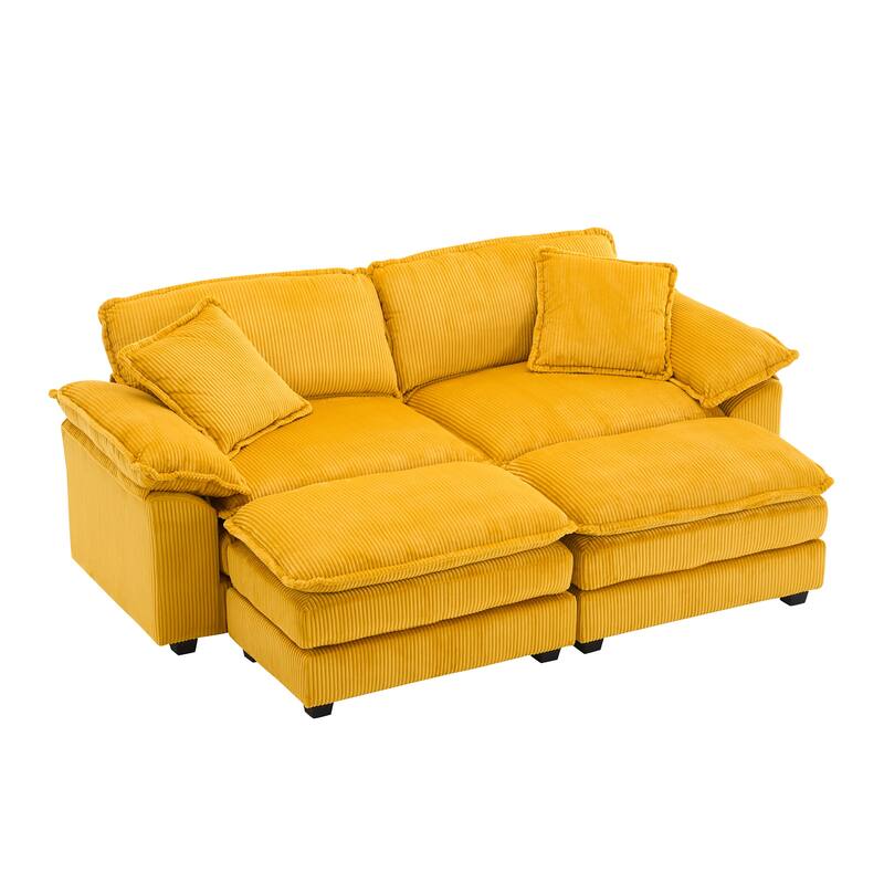 84.6" Corduroy 2-seats sofa With 2 back pillows,2 toss pillows and two ottoman