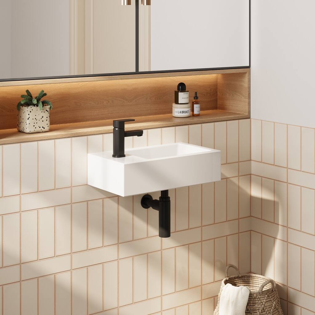 HOROW Right Hand White Ceramic Wall-Mounted Rectangle Vessel Sink Porcelain