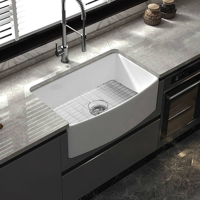 Premium White Fireclay Curved Apron Front Kitchen Sink for Home, Farmhouse (Grid & Strainer Included) - 30" x 20" - Single Bowl