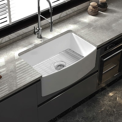 Premium White Fireclay Curved Apron Front Kitchen Sink for Home, Farmhouse (Grid & Strainer Included)