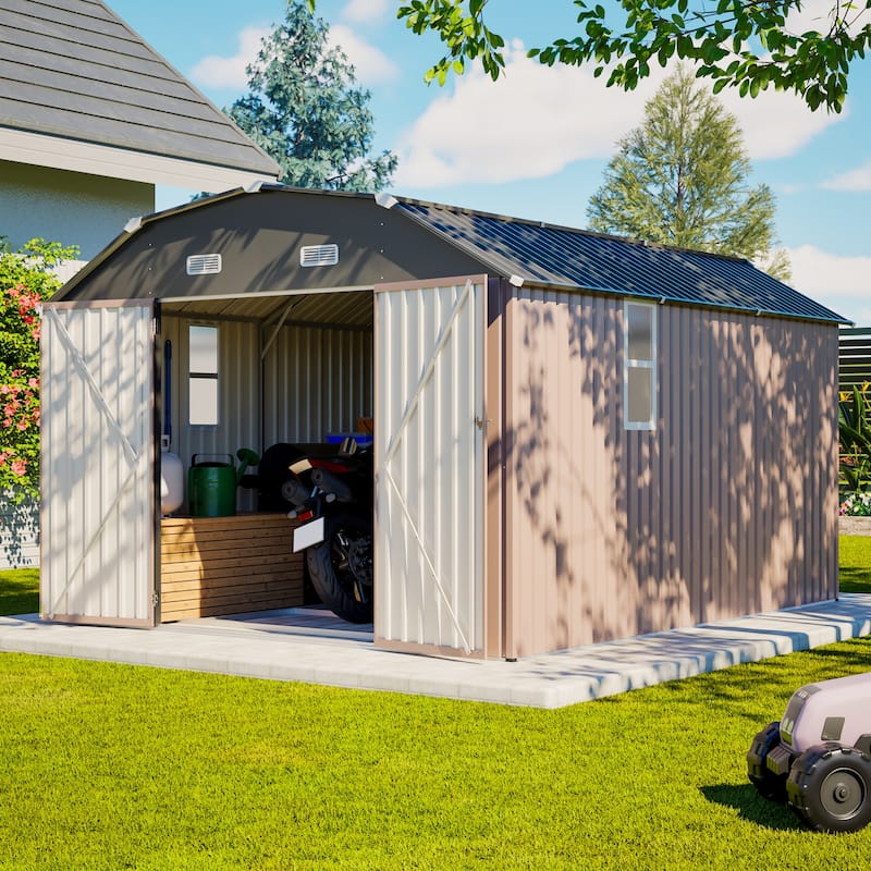 GDFStudio - Large Heavy Duty Rust-Resistant Metal Tool Shed Storage with Floor Frame & Lockable Doors for Easy Access