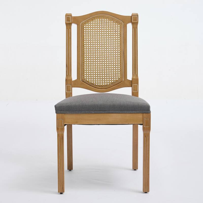 2-Piece Solid Wood Rattan-Back Dining Chair Set with Linen Cushion